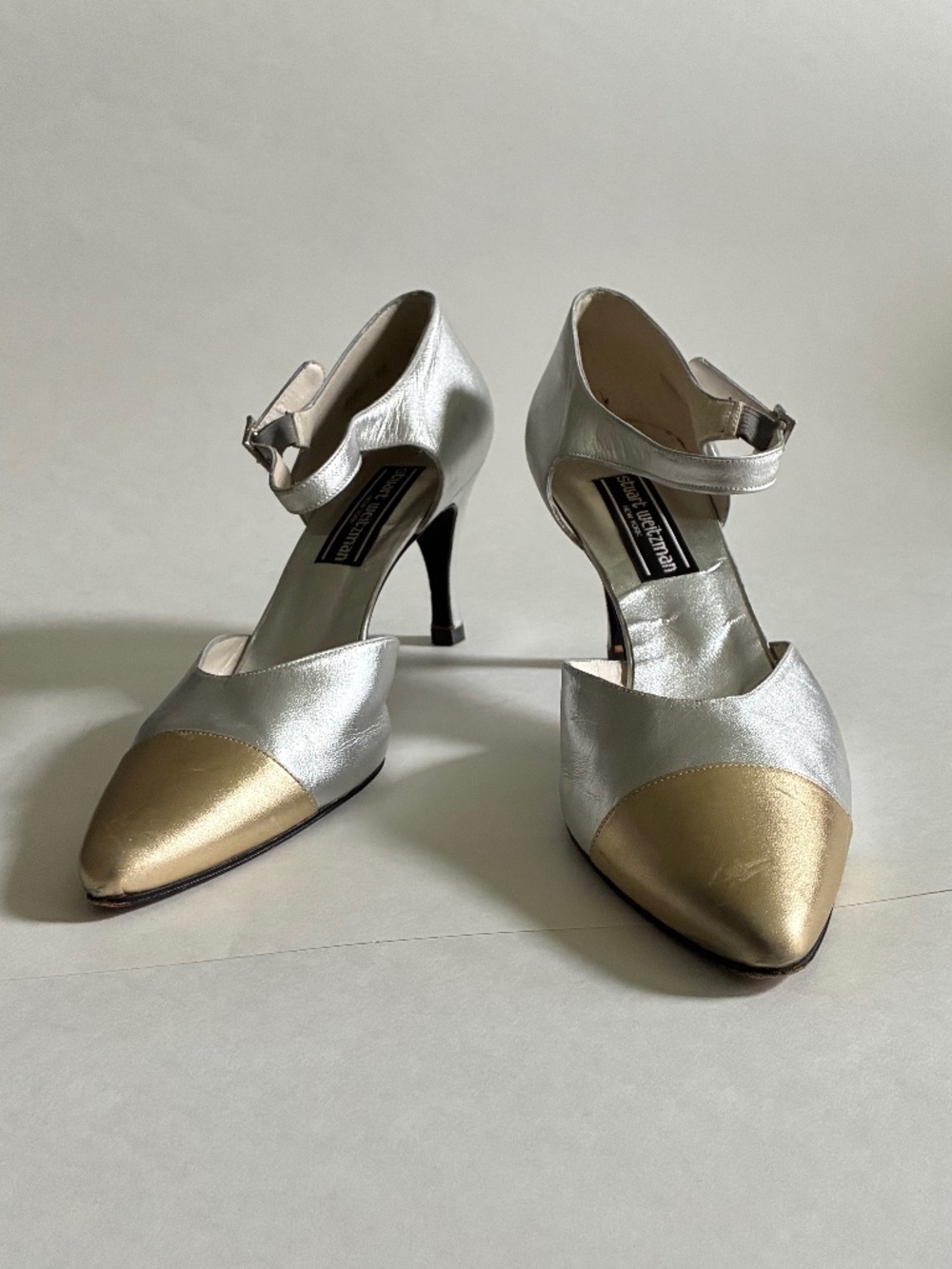 Vintage Stuart Weitzman Heels | Metallic Silver with Gold Toe Cap | Size 40 B